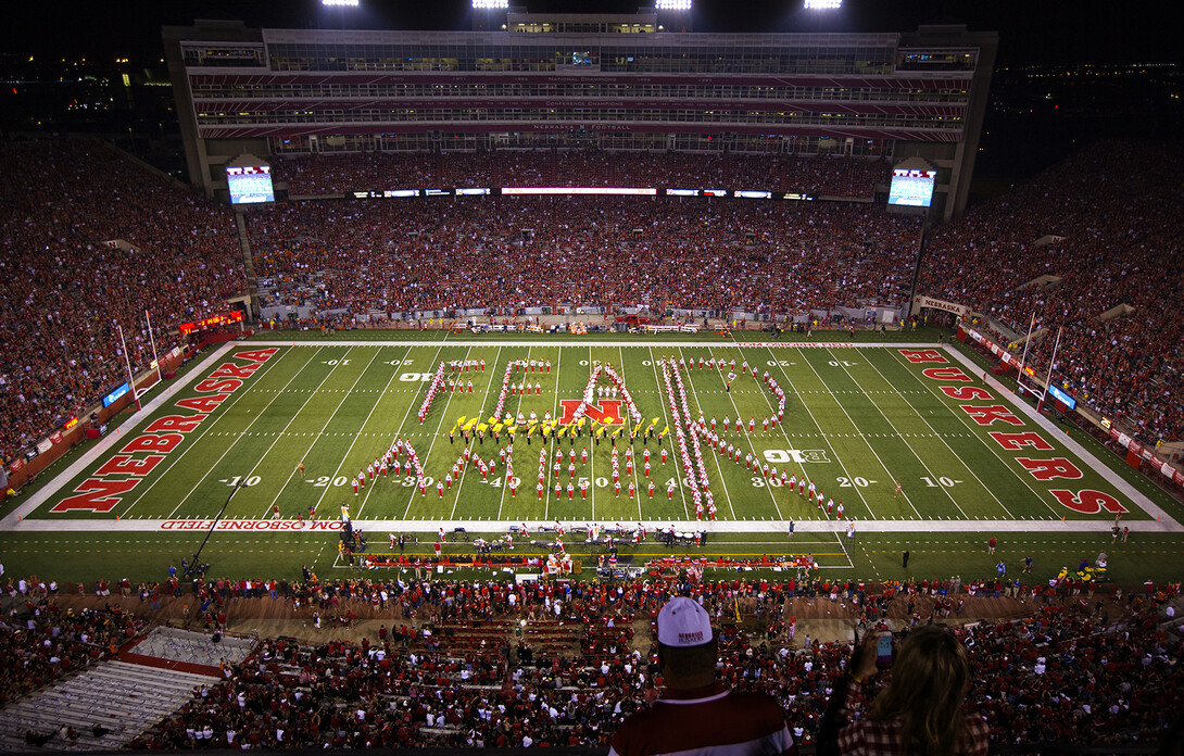 The Cornhusker Marching Band forms the words "Fear Ameer" on the Memorial Stadium turf during halftime of the Sept. 27, 2014 game with Illinois.